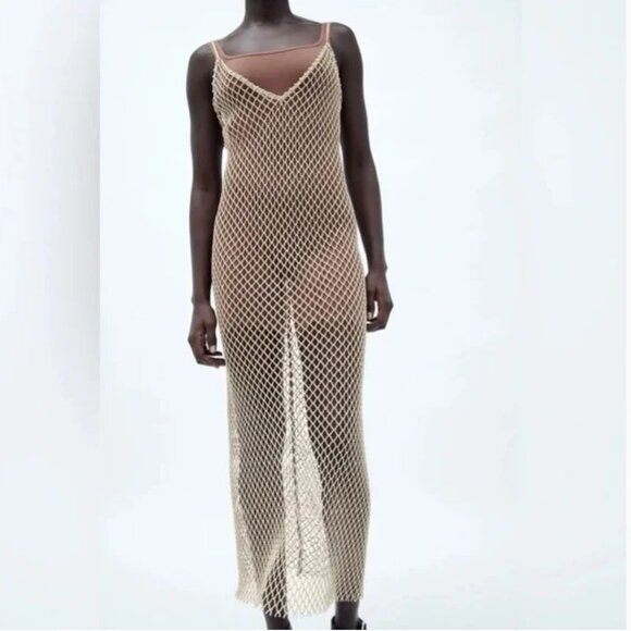 Zara Gold Metallic Mesh Maxi Dress - Sparkly V-Neck Cover-Up - Picture 5 of 6